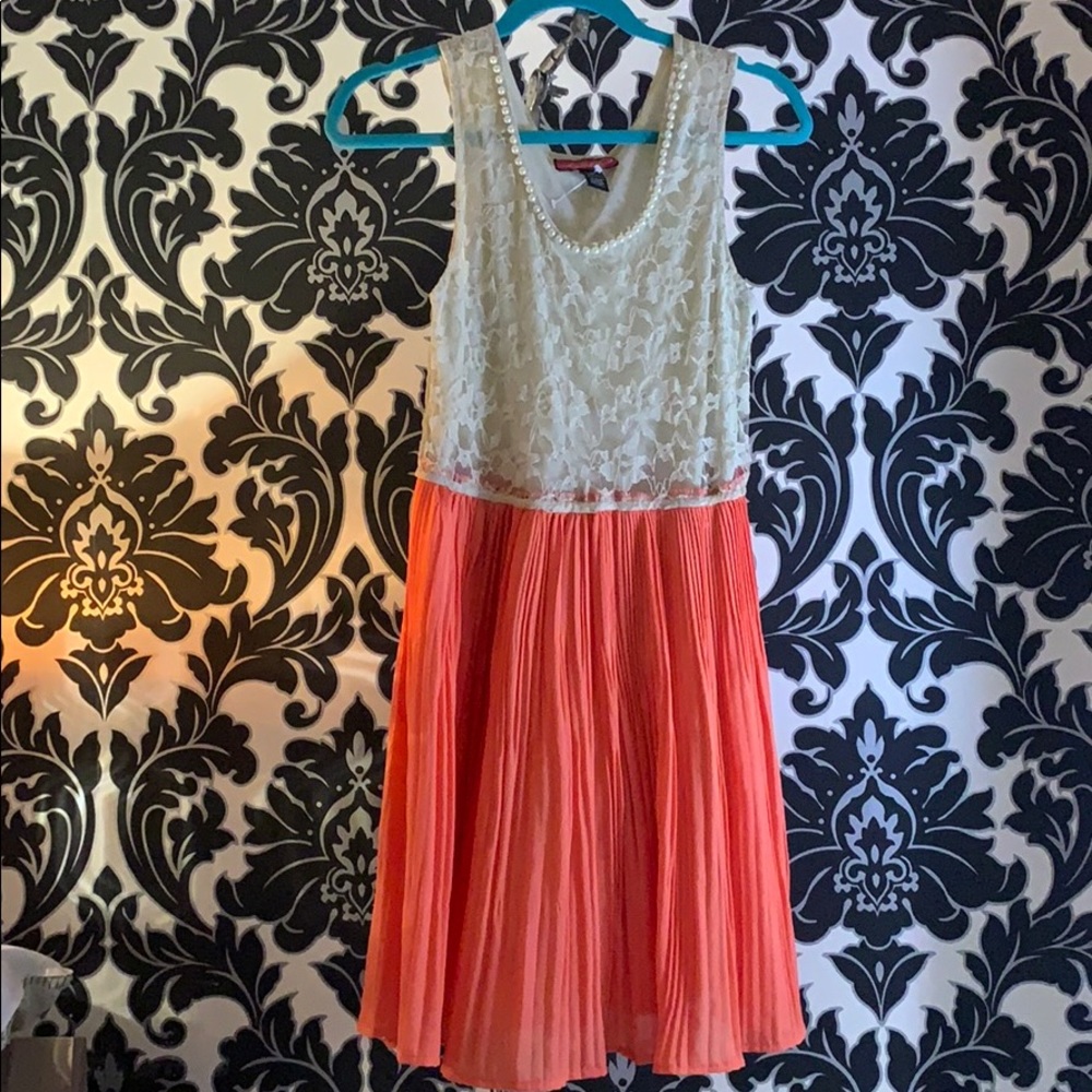 Pleated Coral and Lace mini dress w/pearls